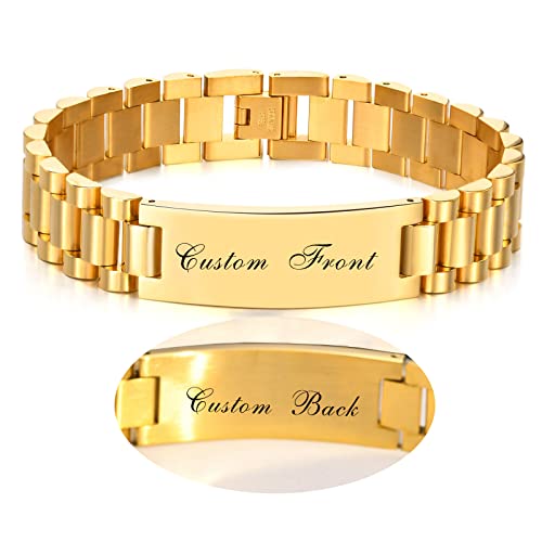 Personalized Id Bracelets Gifts For Men -Customize Mens Stainless Steel Link Bracelet,Mascline 15.5Mm Width Watch Band Wristband,Engraving Gifts To Him Boyfriend Dad Husband, Father's Day Gift/Gold #TOP6