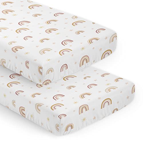 Image of Sweet Jojo Designs Boho Rainbow Girl Baby Fitted Crib Sheet Set Infant Newborn Nursery Toddler Bed Room Standard Mattress 2pc Blush Pink Yellow Tan Bohemian Modern Neutral Vintage Gold Mauve Taupe