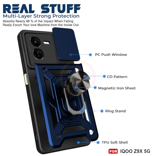 Image of Armor Bumper Back Cover Case for IQOO Z9X Rotating Camera Cover, Ring Holder & Kickstand | Heavy Duty & 360 Degree Protection IQOO Z9X Back Cover (Blue)