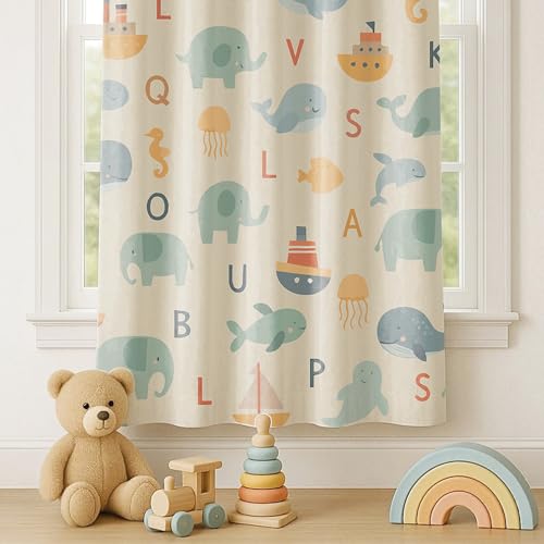 Image of STITCHNEST Velvet Kids Curtains Pack of 1 | Alphabet & Animal Print | Semi Blackout Curtains for Baby & Toddler Room | 7 Feet