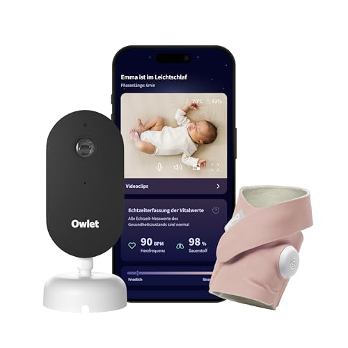 Owlet Dream Duo – Smart Baby Monitor mit medizinisch geprüftem Dream Sock® Sensor, 2K HD Kamera, Puls- & Sauerstoffüberwachung, Schlafanalyse, WLAN & App-Steuerung, Dusty Rose