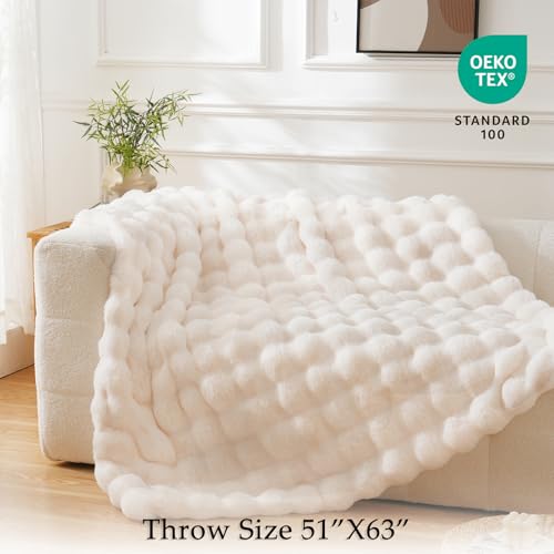 BENVWE Faux Fur Throw Blanket for Couch - Cozy Fuzzy Soft Plush Fluffy Thick Luxury Minky Bubble Blanket for Living Room Home Decor - Mothers Day Birthday Gifts for Women, Cream White, 51" x 63" by BENVWE - Image 4