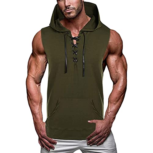 Maiyifu-GJ Men's Lace up Hooded Tank Top Sleeveless Gym Workout Hoodie T Shirt Bodybuilding Fitness Muscle Hoodies Vests (Armygreen,XX-Large)