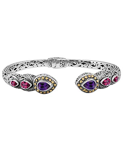 Image of DEVATA Sterling Silver 925 and 18K Gold with Gemstones Bali Filigree Cuff Bracelet