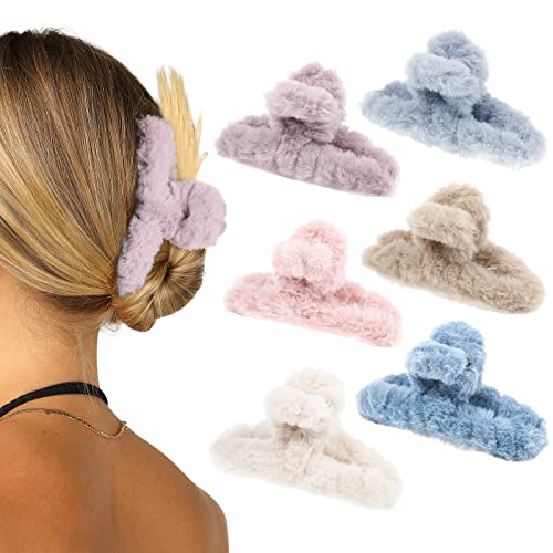 Plush Rectangular Claw Hair Clips for Women and Girls - 6 Pcs Non-Slip Large Barrettes for Thick or Thin Hair (purple/blue/khaki/grey/pink/beige)