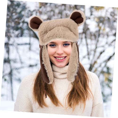 Mipcase Cute Bear Ears Hat Plush Thermal Headgear for Outdoor Activities for Riding Skiing and Adventures Coffee4