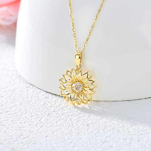 Sisgem Solid 14K Gold Sunflower Necklace For Women, Real Gold Diamond Flower Necklace Birthday Anniversary Mother'day Jewelry Gift For Mom, Wife, 16"+ 2" #TOP2