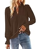 TUUHAW Ropa de Mujer Boho Manga Larga de Volantes Otoño Camiseta Elegante con Cuello en V Encaje Informal Punto Suizo Casual Túnica Suelto Blusa Invierno Camisa Marrón M