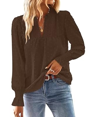 Falechay Womens Spring Tops V Neck Dressy Casual Boho Outfits Espresso L