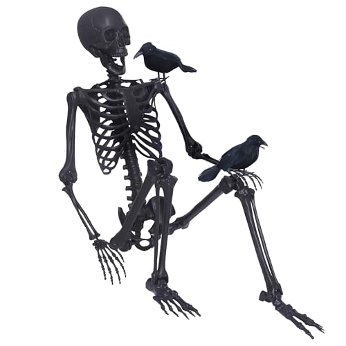 5.4Ft Halloween Skeleton Posable Skeleton Full Size Skeleton with Movable Joints and 2PC Black Feathered Crows for Halloween Decorations Outside and Inside
