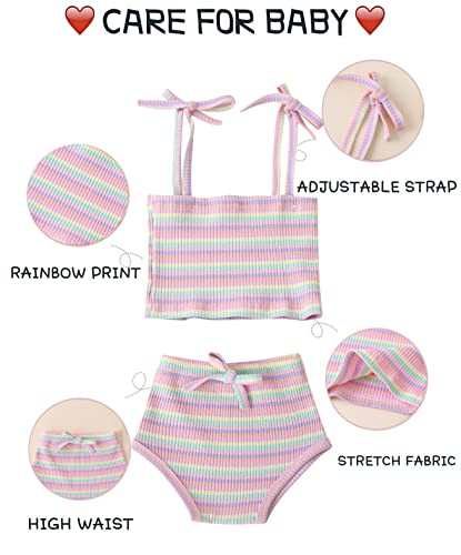 Modntoga Newborn Toddler Baby Girls Summer Clothes Set Rainbow Outfits Sleeveless Halter Tank Top Striped Shorts Pants (Pink Purple, 12-18 Months) #TOP3