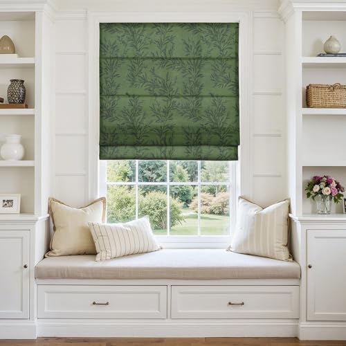 Image of TWOPAGES No Drill Cordless Vintage Leaf Print Roman Shades Linen Textured Roman Blinds for Windows, Custom Made Room Darkening Light Filtering Roman Window Shades, Moss, 1 Piece