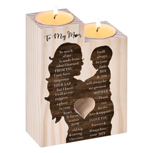 Mothers Day Candle Gifts for Mum from Son Daughter,Wooden Heart-shaped Craft Candlestick Shelf,Mum Birthday Gifts for Stepmum Grandma,Mothers Day Presents for Wife on Christmas Anniversary