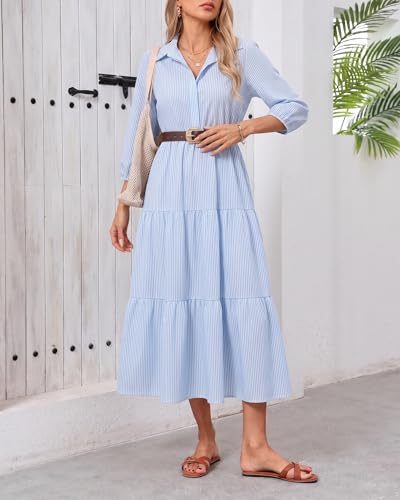 Image of Women Button Down Maxi Shirt Dress Long Sleeve Flowy Tiered Collared Dresses with Pockets