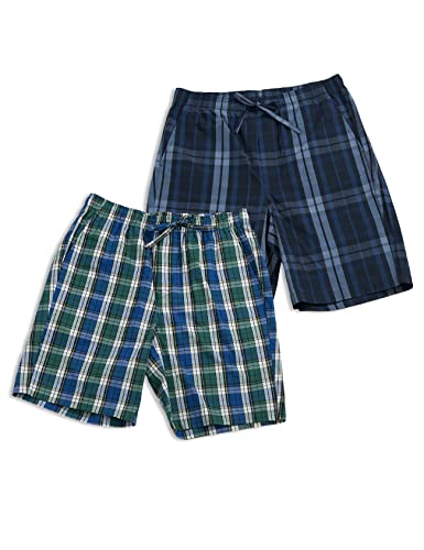 LAPASA Pantalon Pijama Corto Hombre (Pack de 2) 100% Algodón Pajama Short Bolsillo Cuadro Casual Ropa de Dormir Casa Cintura con Cordon Verano M92 XXL Verde, Azul + Azul Marino, Azul