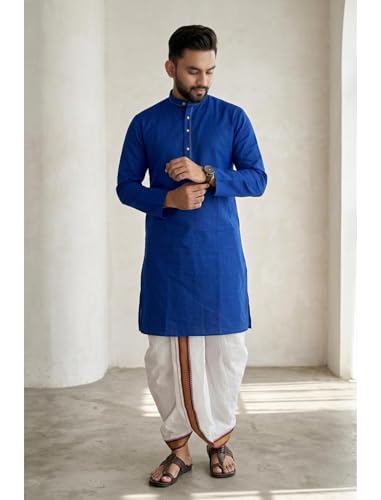 Image of UNIQUE MOMENTS Men's Cotton Dhoti Kurta Set with Full Sleeves Solid Pattern Modern Style and Mandarin Collar Neck | Perfect for Puja & Celebrations
