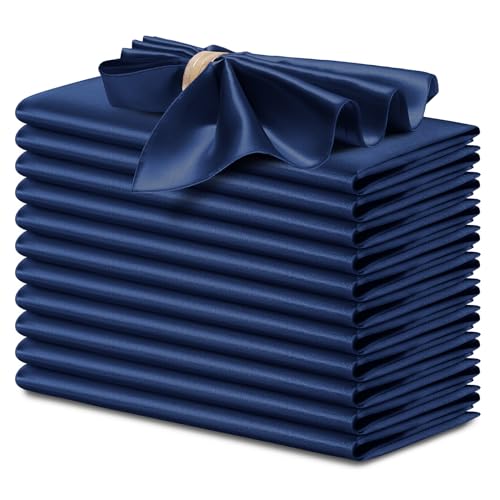 P Pothuiny 12 Pcs Silky Navy Blue Satin Napkins 17 x 17 Inches, Square Smooth Wedding Dinner Napkins Satin Cloth Napkins Table Napkins for Banquet Party Restaurant Decor, Thanksgiving, Christmas