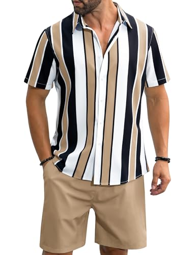 LecGee Men's Hawaiian Shirt Set Tropical Print Striped Button Down Hawaiian Shirt and Shorts 2 Piece Outfits2