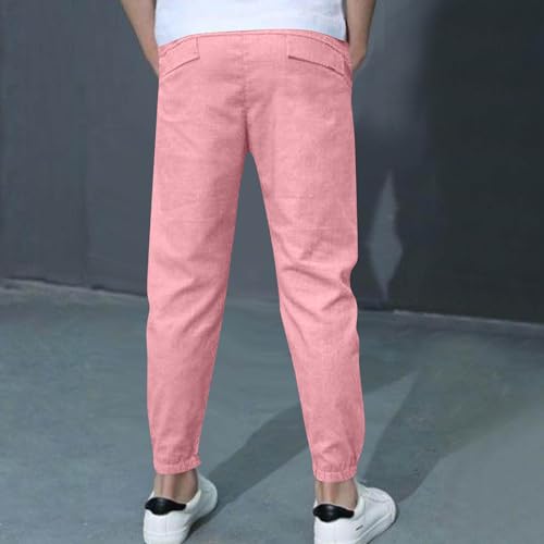 2-Pack Boys Summer Cotton Linen Pants Lightweight Thin Basic Elastic Waist Trousers with Pockets for Kids 3-13 Years4