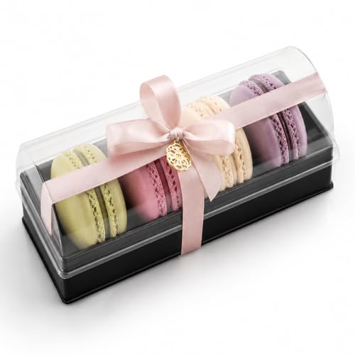 Pastry Chef's Boutique Clear and Black Base Plastic French Macarons Small Gift Boxes - Holds 4 Macarons - Cavity Size 1.76'' x 1'' - Pack of 20