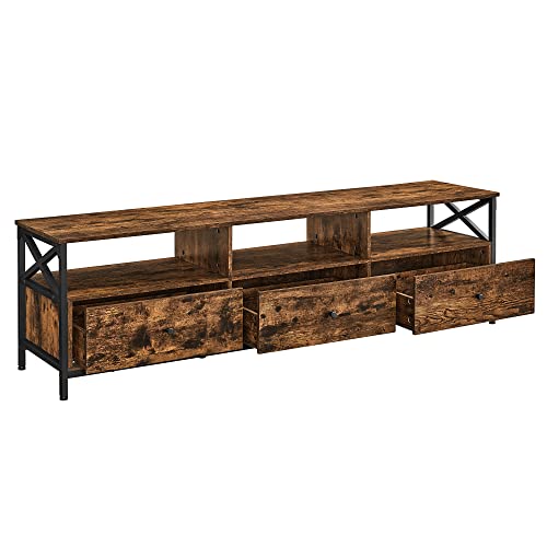 VASAGLE Meuble TV pour Télévision jusqu'à 75 Pouces, Banc Télé avec 3 Tiroirs, 40 x 178 x 50 cm, Style Industriel, Cadre en Acier, Marron Rustique et Noir LTV302B01