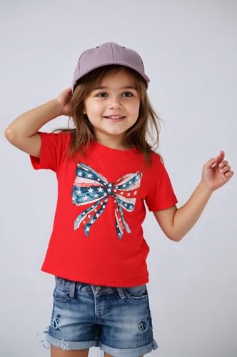 Image of Toddler Girl 4th of July Outfit Big Bow Print T-Shirt Top American Flag Clothes 2-7Y