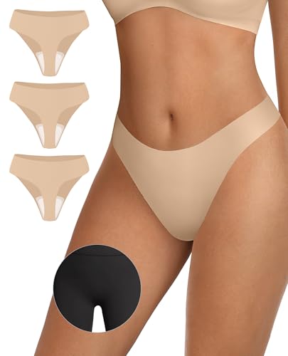 Image of OEAK Seamless Thongs for Women Invisible Thongs No Show Thong Panty Liners Tangas Comfortable Workout G-Strings Underwear 3*Skin Nude S