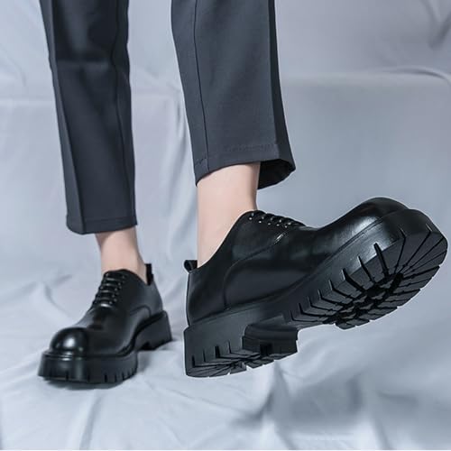 Image of Men's Polishing Leather Lace-Up Chunky Heels Oxfords Lug Sole Fashion Round Toe Formal Business Shoes Comfortable Non-Slip Walking Sneakers