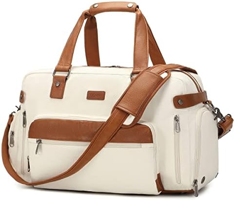 BOVIP Canvas Overnight Bag Travel Carry on Shoulder Duffel Bag Weekender Bag Yoga Gym Tote Bag with Shoes Compartment for Men Women White