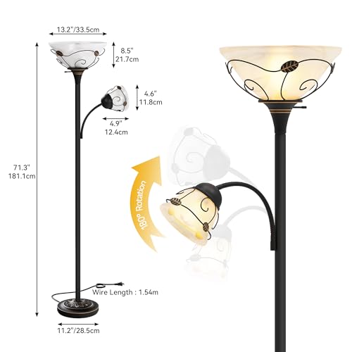 DWVO Torchiere Floor Lamp with Sidelight for Reading Home Decor, 71" Floor Lamp with Glass Shade for Bedroom, Living Room Office (Bulbs not Included)