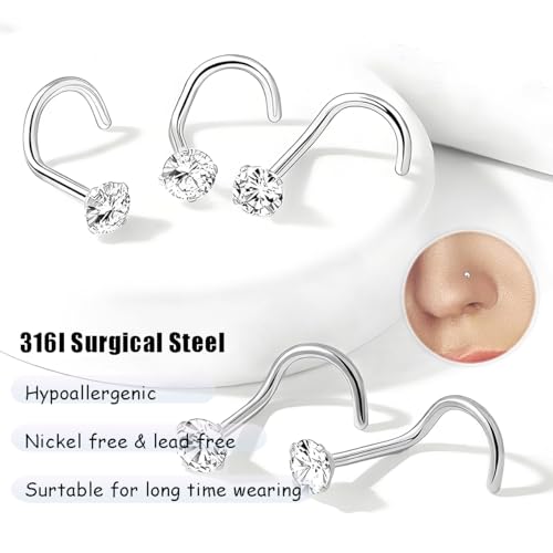 Nose Rings Studs: 8Pcs 20G Gold/Silver 316L Surgical Stainless Steel Nose Studs Hypoallergenic Corkscrew Nose Piercing Stud Jewelry for Women Men Clear Cubic Zirconia Imitation Diamond Top Size 1.5mm 2mm 2.5mm 3mm3