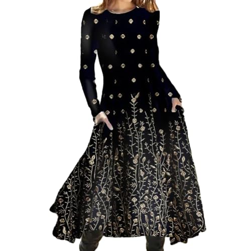 BAIREG Women's Printed Long Sleeve Crewneck Maxi Dress Black Base