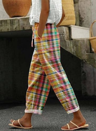 Women's Striped Gingham Harem Pants Summer Casual Loose Drawstring Plaid Trousers Beach Travel Bottoms with Pockets2