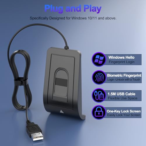 Rocketek USB-A Fingerabdrucksensor - Fingerprint Key-unterstützt bis zu 10 IDs für Windows Hello 10/11,360-Grad-Touch USB Fingerabdrucksensor Passwortfrei,Plug&Play,Mit 1.5m VerläNgerungskabel