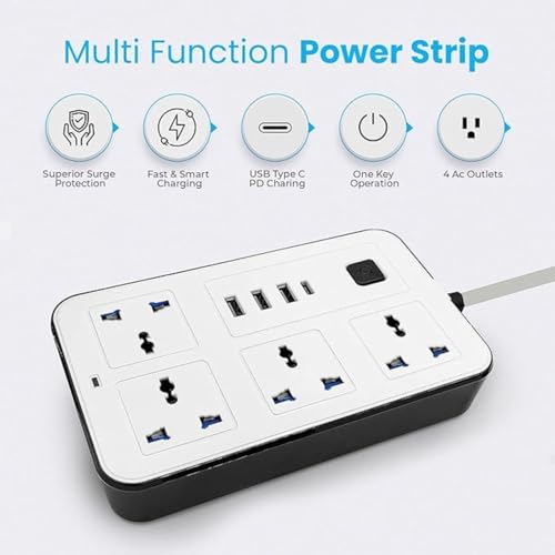 Image of 4 AC Sockets, 3 USB Ports, Type-C Port 2500W Rated Power, 10A Heavy Duty Extension Cord | Surge Protection for Home, Office, Hotels, PC 8-in-1 Power Strip (Black)