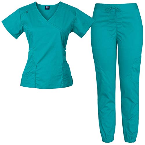 Medgear Women s 12-Pocket Stretch Jogger Scrub Set (Teal, X-Large)