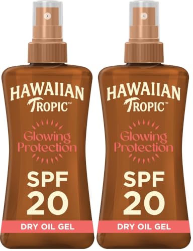 Image of Hawaiian Tropic Glowing Protection Sunscreen Dry Oil Spray Mist, Water Resistant SPF 20 UVA plus UVB Protection Sunscreen Spray, Tropical Scent Sun Lotion with Coconut Oil, 200 ml (Pack of 2)