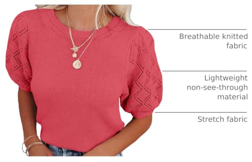 Image of Womens Short Sleeve Sweaters Crewneck Knit Pullover Tops 2025 Summer Casual Lightweight Crochet Blouse Shirt