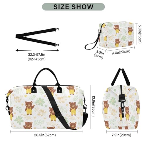 Bear Leaves Heart Travel Duffel Bag for Men Women with Makeup Bag Weekend Overnight Carry On Bags for Under Seat Travel Airline3