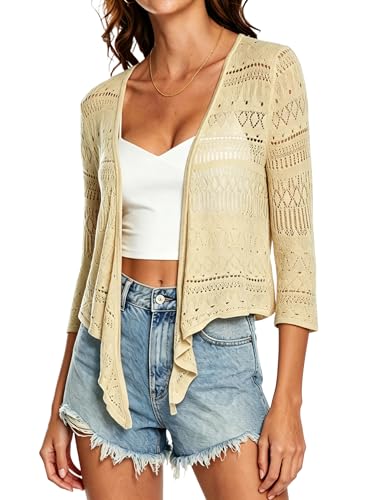 Image of Spicy Sandia Tie Front Sheer Shrug 3 /4 Sleeve Cropped Crochet Cardigan for Summer Lightweight