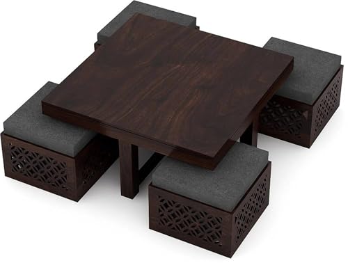 Image of Solid Sheesham Wood Coffee Table with 4 stools for Living Room New CNC Design Center Table | Hotel | Lounge | Walnut