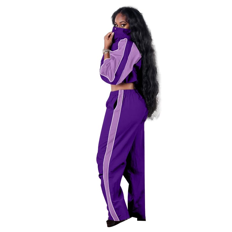 Mandonce Women's Y2K 2 Piece Long Sleeve Standing Collar Windbreaker and Cargo Pants Streetwear Casual Set3