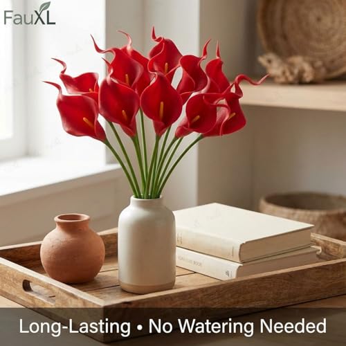 Image of 10 Pcs Artificial Calla Lily Flowers Bunch for Vase and Flower Pots- Premium Real-Look Faux Lily Stems for Home Decor, Living Room, Bedroom, Office Decoration (Vase not Included) (Red)