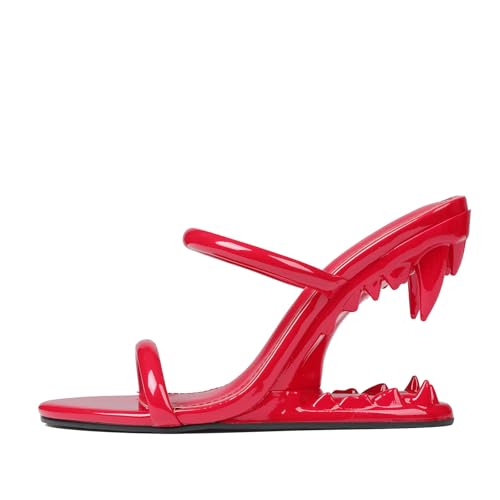 Image of Goiphrri Wedge Sandals for Women Strappy Heels Round Open Toe Heels Metallic Shark Tiger Teeth heeled Sandals Flip Flops Thong Womens Mules Slip on Party Dress Wedding Ceremony