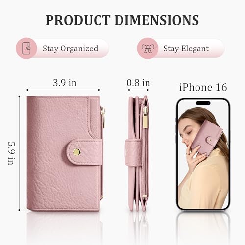 Women's Bifold Wallet, RFID Blocking Credit Card Holder with Zipper, Travel Cute Coin Pocket Wallet for Ladies, Pink4