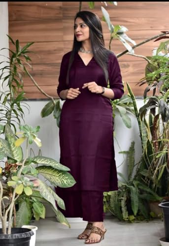 Image of Women's Jam Cotton Silk Co-ord Kurta Set With Pants | Ethnic Wear Solid Lightweight Straight Kurta With Pant