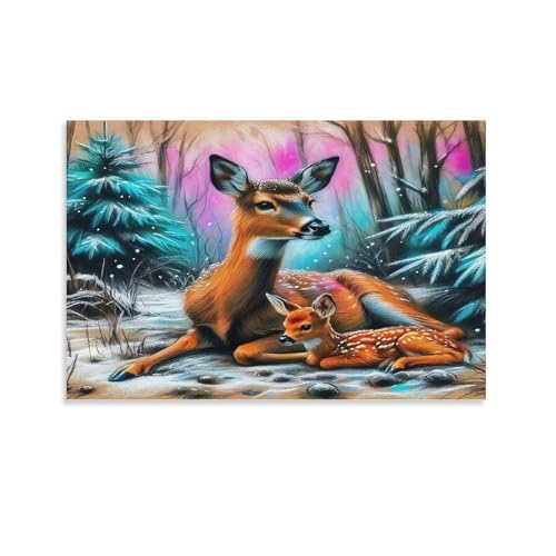 Ciervo de Invierno Acogedor Cuadro De Pared, Madre y Bebé Poster Obra Arte Colgado | Impresión Lienzo Murales, Minimalista Pintura Decor De Hogar Para Salón Dormitorio Regalo 16x24inch(40x60cm)