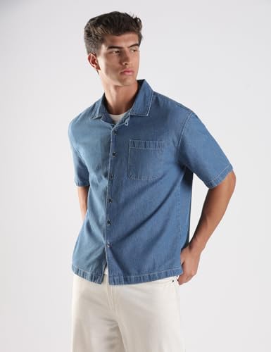 Image of INKD Men's Casual Denim Shirt - 100% Cotton | Half Sleeves | Oversized Fit | Single Patch Pocket | Resort Collar