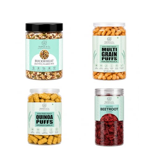 Image of WellNuts & Co. Healthy Snack Combo Pack of 4 |Buckwheat Flakes Mix - 200g, Multigrain Puffs Punjabi Masala - 200g, Quinoa Puffs Smoked Garlic - 200g, Salted Beetroot Chips - 150g| Roasted & Ready to Eat Snacks | High Protein & High Fiber Combo | Snacks for Healthy Everyday