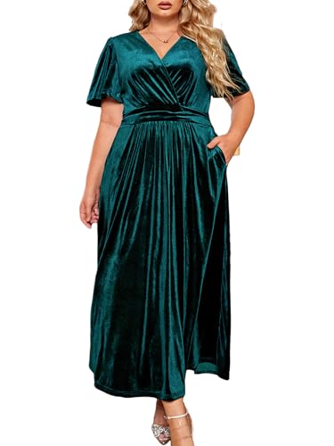 BerryGo Women's Plus Size Wedding Guest Velvet Formal Dress High Waisted Maternity Maxi Dress Short Sleeve V Neck Slit Dress